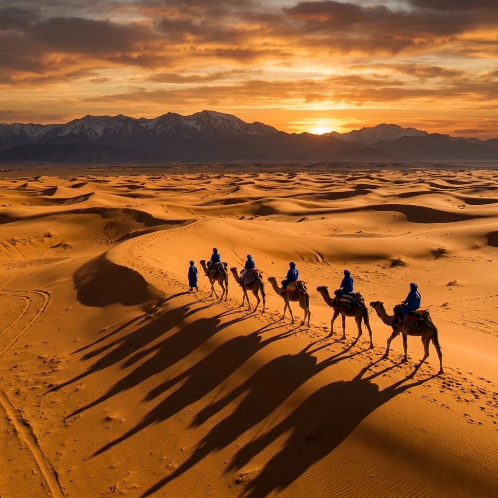 Camel caravan crossing the desert at golden sunset