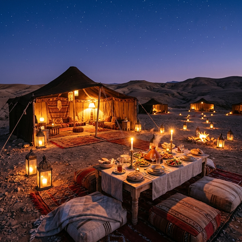 Luxury dinner setup in a Berber desert camp