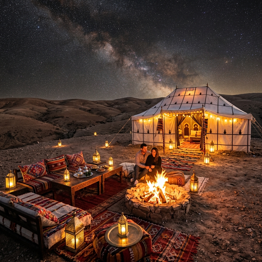 Luxury Berber tent camp under the Milky Way in Agafay Desert