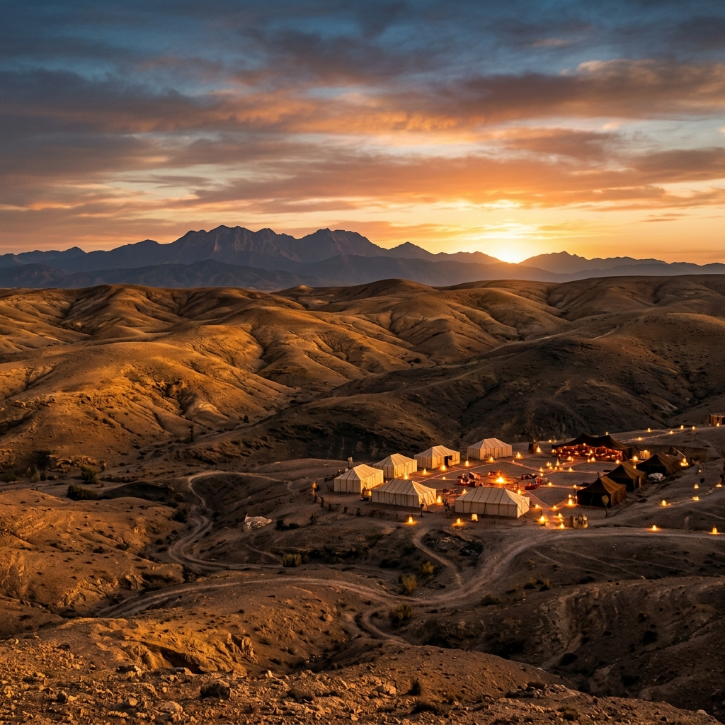 Panoramic view of the Agafay Desert at sunset
