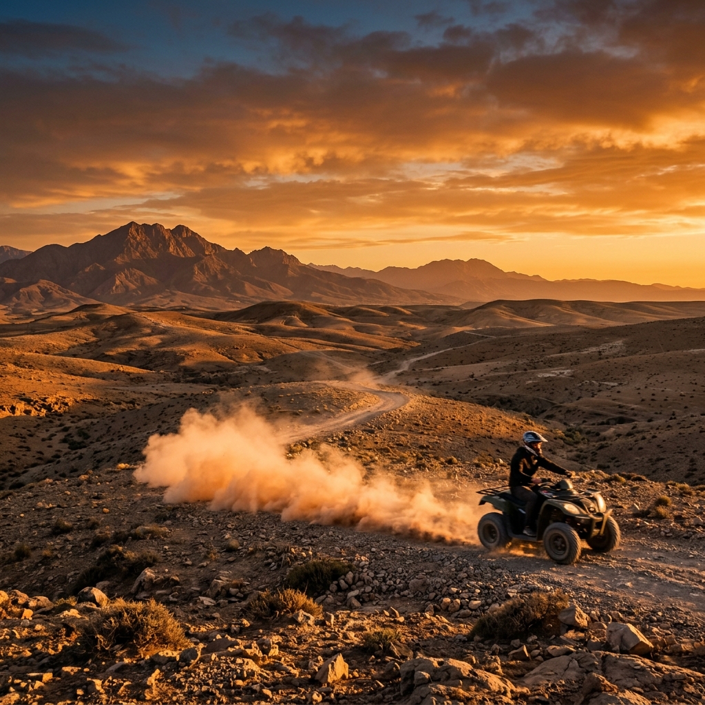 Quad biking across the Agafay Desert at golden hour with Atlas Mountains in the background