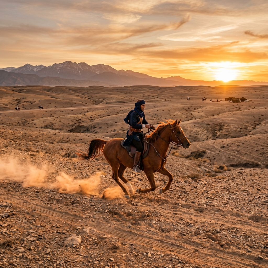 Horseback riding across the Agafay Desert at dusk