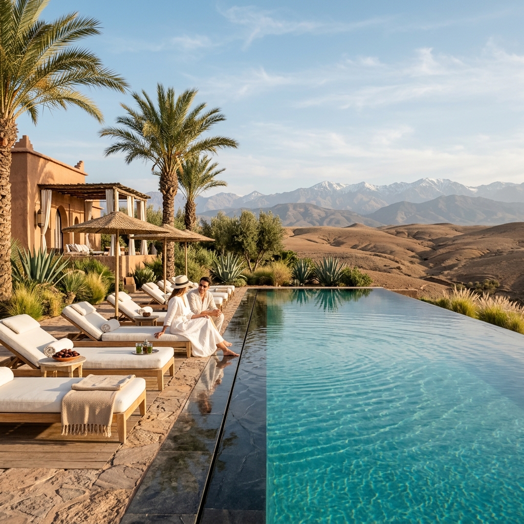 Luxury infinity pool with Atlas Mountains view