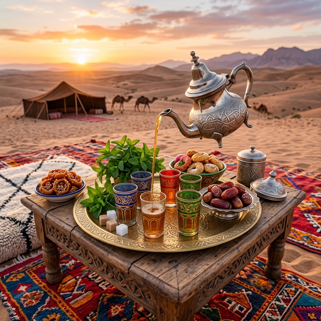 Traditional Moroccan mint tea ceremony in the desert