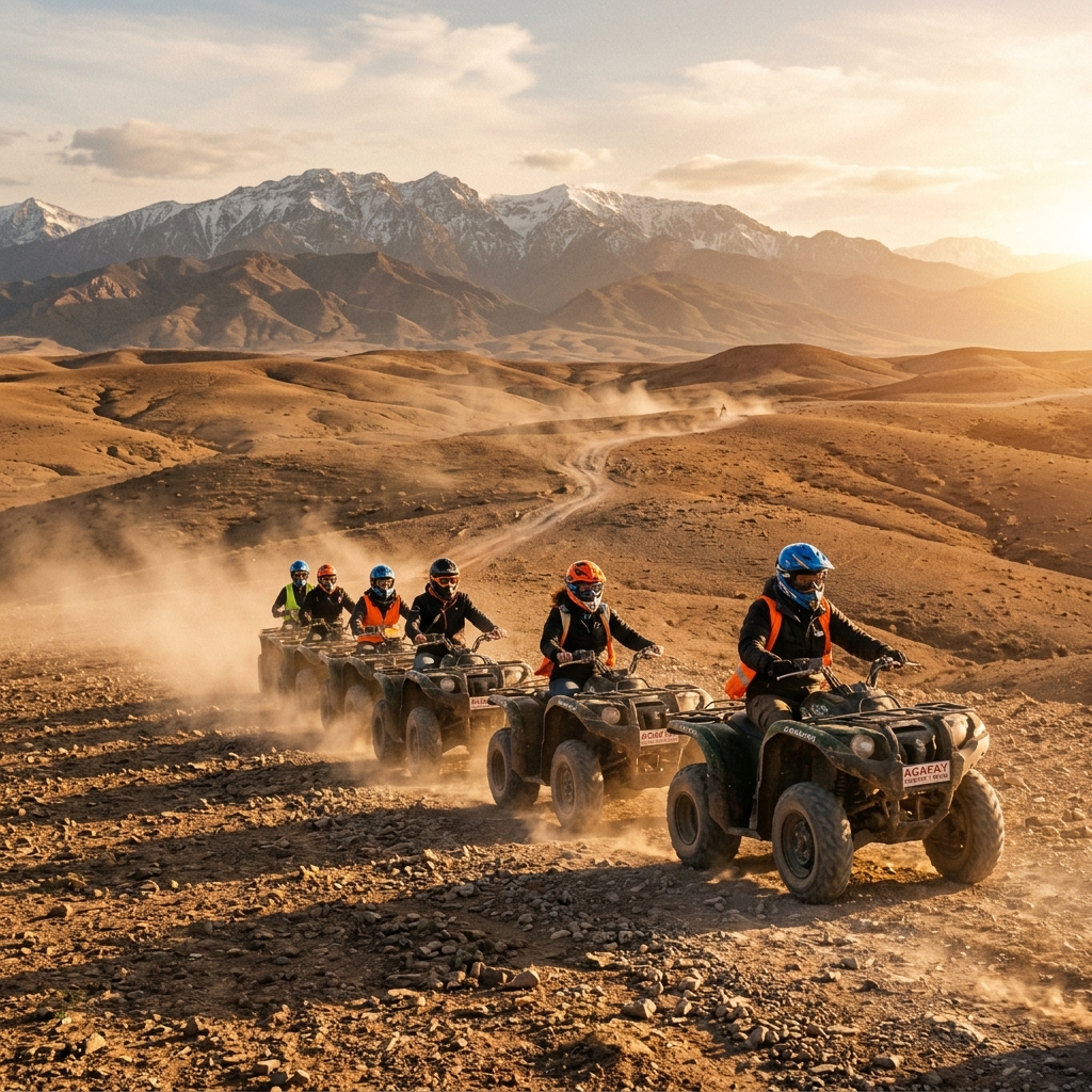Group of quad bikes riding through Agafay Desert