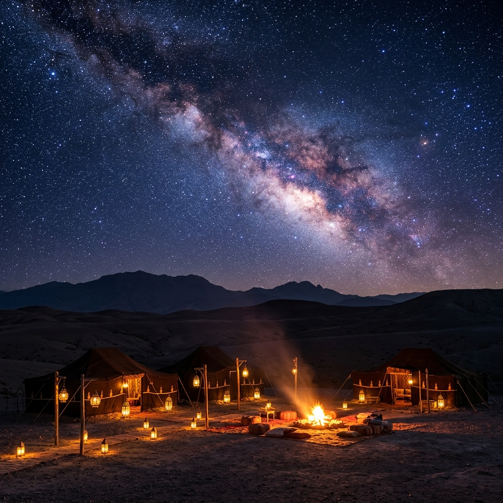 Luxury Berber camp under a star-filled sky in Agafay